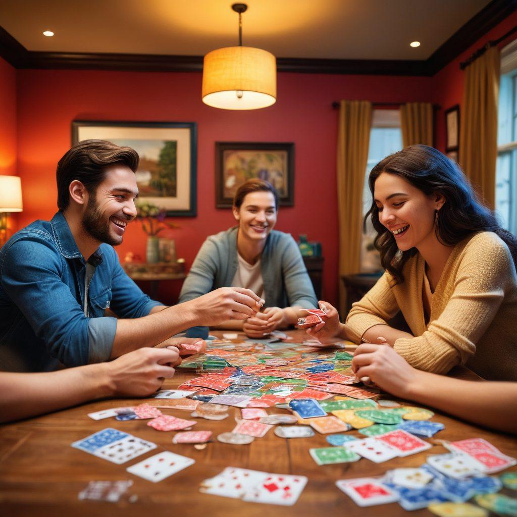 A vibrant tabletop scene featuring a diverse group of friends joyfully playing various Five Card Draw variations, with colorful cards scattered around and bright chips piled up. The background depicts a cozy room adorned with playful decorations, emphasizing a fun and lively atmosphere. Soft, warm lighting highlights the smiles and laughter shared among the players, inviting viewers to join in on the excitement. super-realistic. vibrant colors. cozy interior.