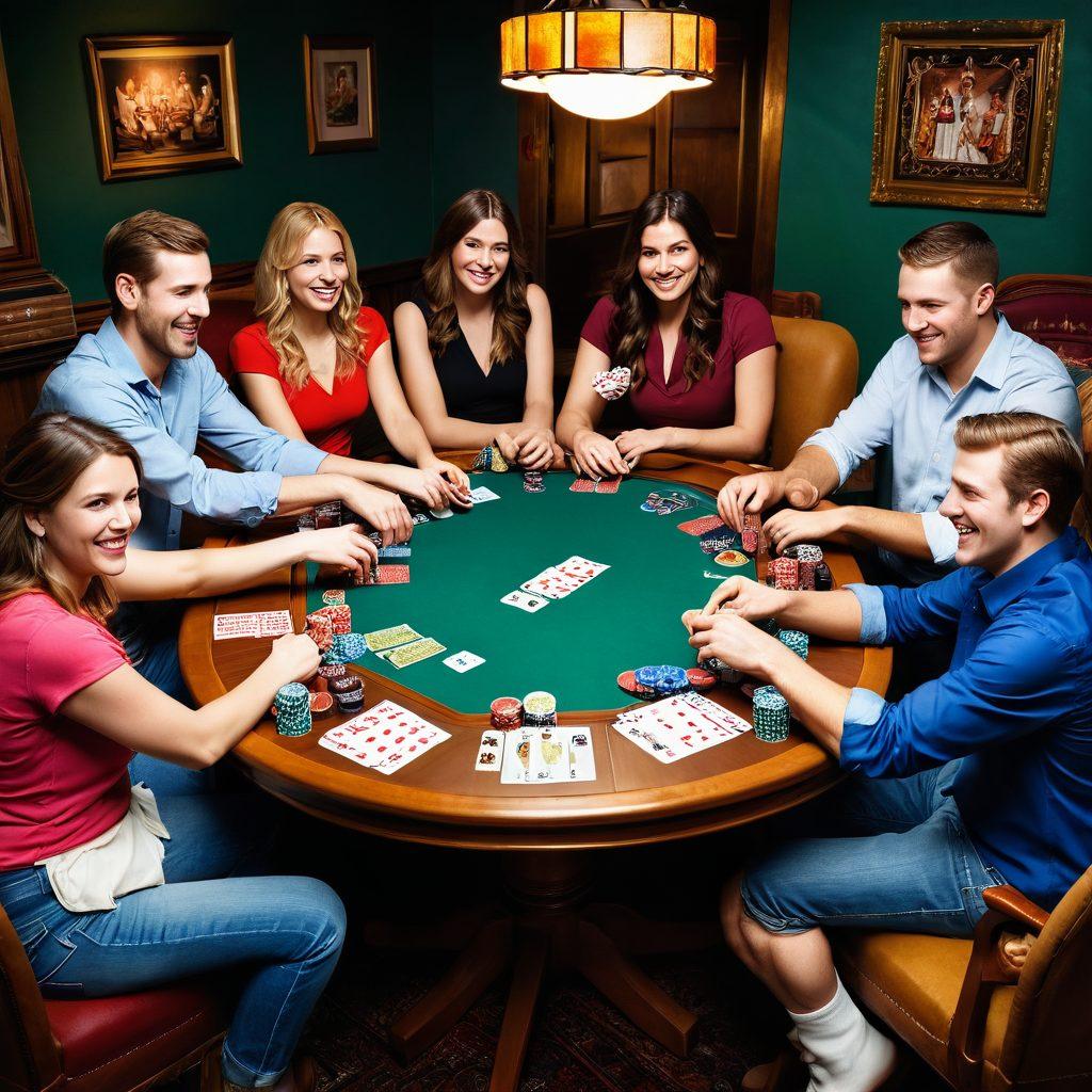 A lively scene showcasing a diverse group of people playing various joyful poker games around a colorful table, with cards, chips, and laughter filling the air. Illustrate an inviting atmosphere with intricate details of different poker variations around the world, such as Texas Hold’em and Omaha, nestled in a cozy, warm room with vintage decor. Include elements of creativity and fun, like playful card designs or unique chips. vibrant colors. cozy ambiance.