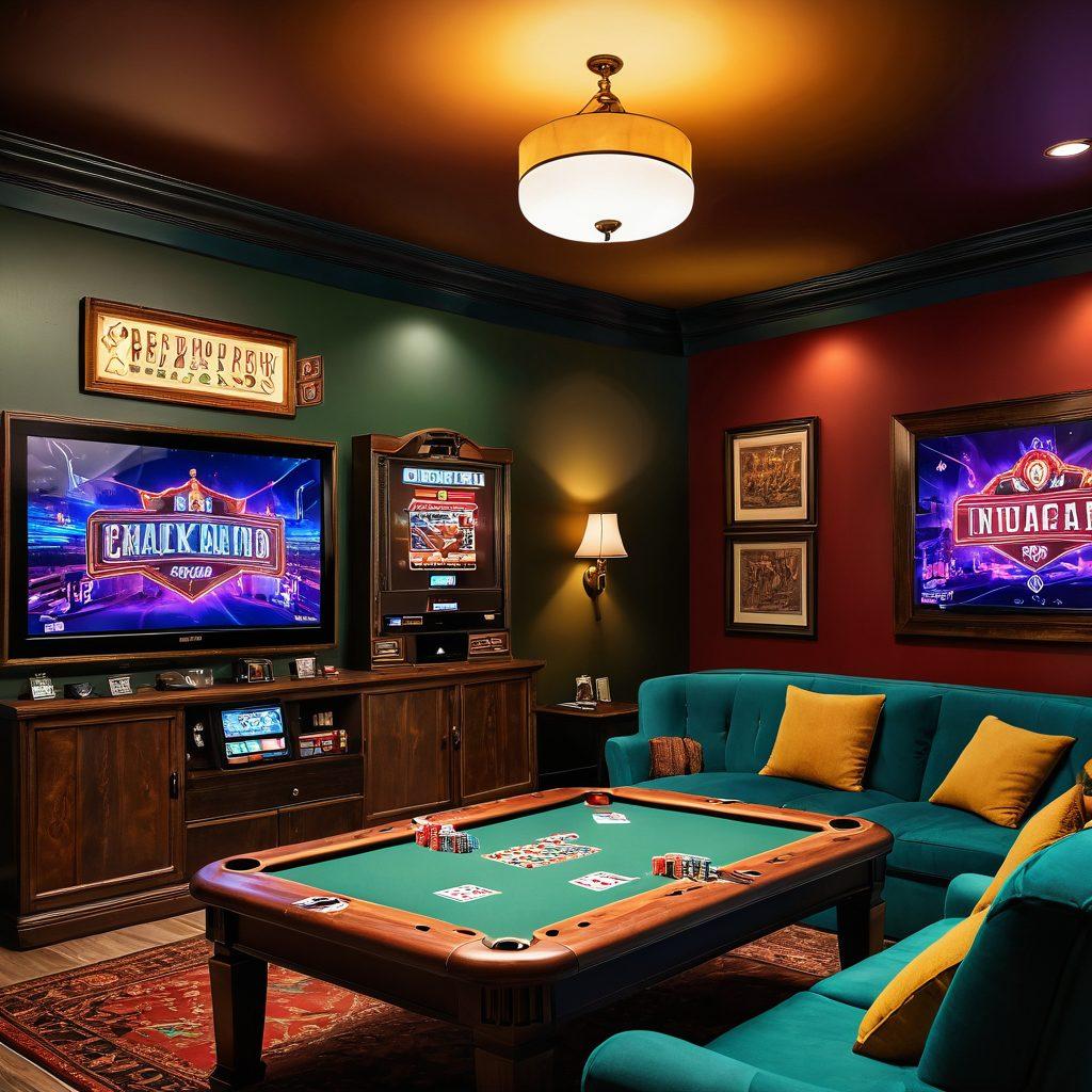 A relaxing gaming scene featuring a cozy living room with a vintage poker table set with five-card hands, warm lighting, and comfortable couches. In the background, a colorful digital display showcases top online platforms for card games, with happy gamers playing on their devices. Elements of joy and excitement, such as chips and cards spread out, enhance the atmosphere. vibrant colors. cozy atmosphere. digital art.